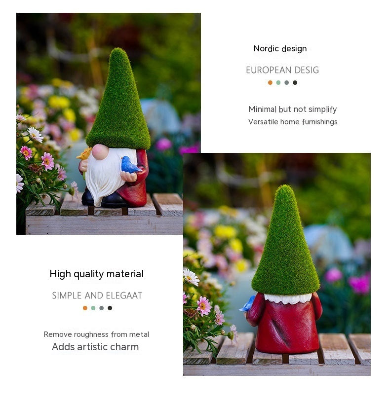 Whimsical Garden Gnome Statue - Moss Hat Design, Handcrafted Resin, Adorable Gnome Holding Bird & Flower, Ideal for Outdoor Garden Decor