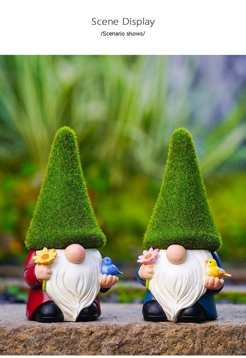 Whimsical Garden Gnome Statue - Moss Hat Design, Handcrafted Resin, Adorable Gnome Holding Bird & Flower, Ideal for Outdoor Garden Decor