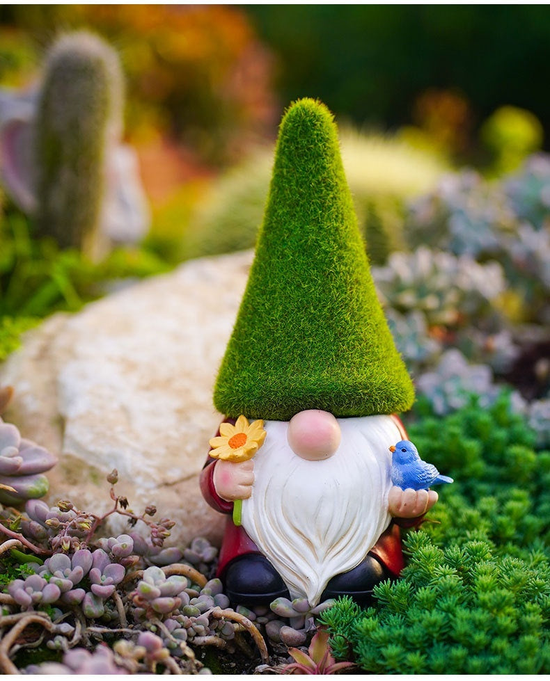 Whimsical Garden Gnome Statue - Moss Hat Design, Handcrafted Resin, Adorable Gnome Holding Bird & Flower, Ideal for Outdoor Garden Decor