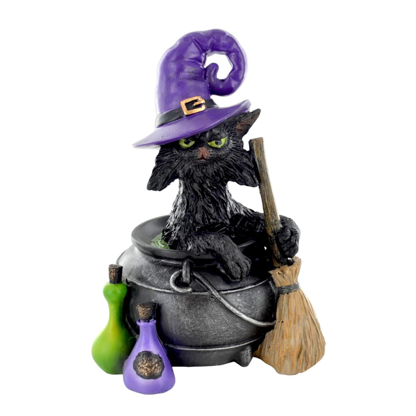 Resin Witch Cat Cauldron Figurine with Potions | 16 cm Halloween Decor