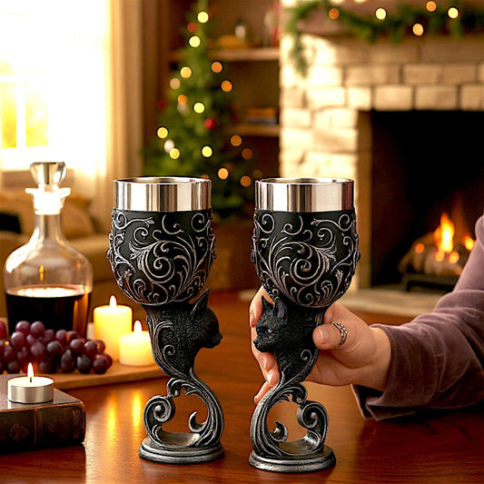 Twin Black Cat Goblets Familiars Gothic Chalice Set Wiccan Occult Wine Glasses