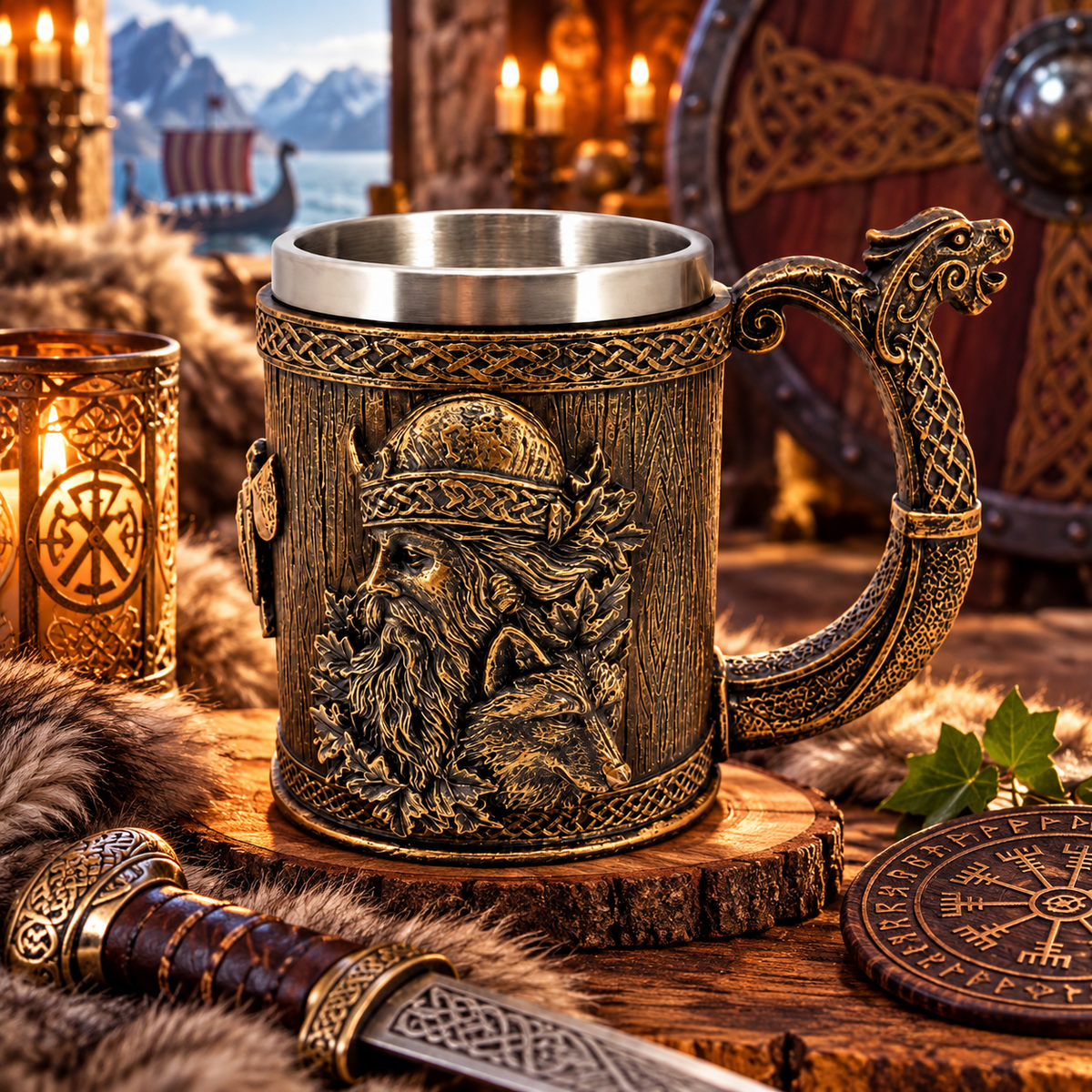Norse Viking Tankard Warrior Wolf Celtic Dragon Handle Beer Mug Medieval Decor