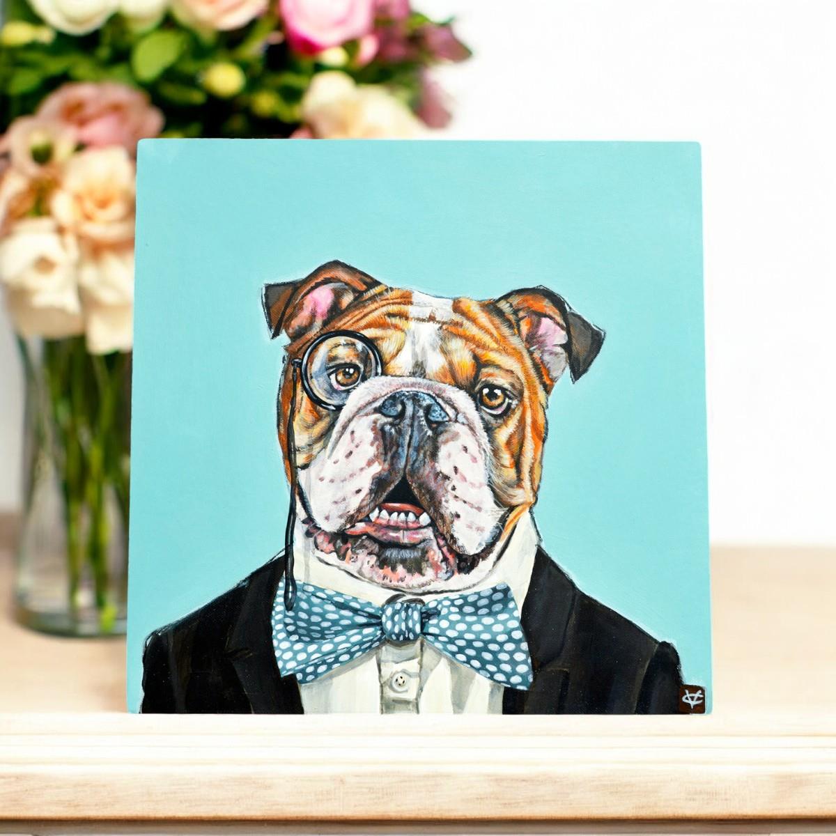 Monocle Max Ceramic Art Tile by Victoria Coleman - 20x20 cm Bulldog in Tuxedo Ready to Hang, Decorative Wall Art, Gift for Dog Lovers-Osiris Craftworks