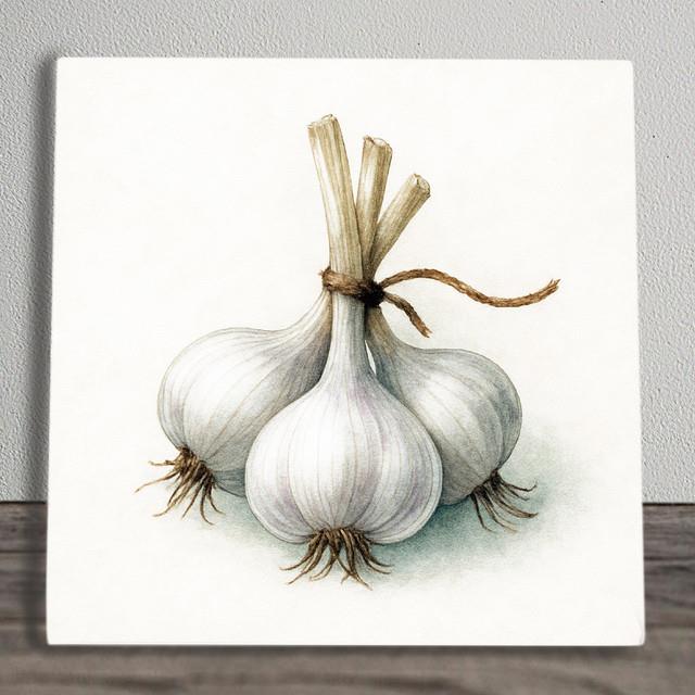 Rustic Garlic Ceramic Tile Culinary Herb Illustration Kitchen Art Display Piece