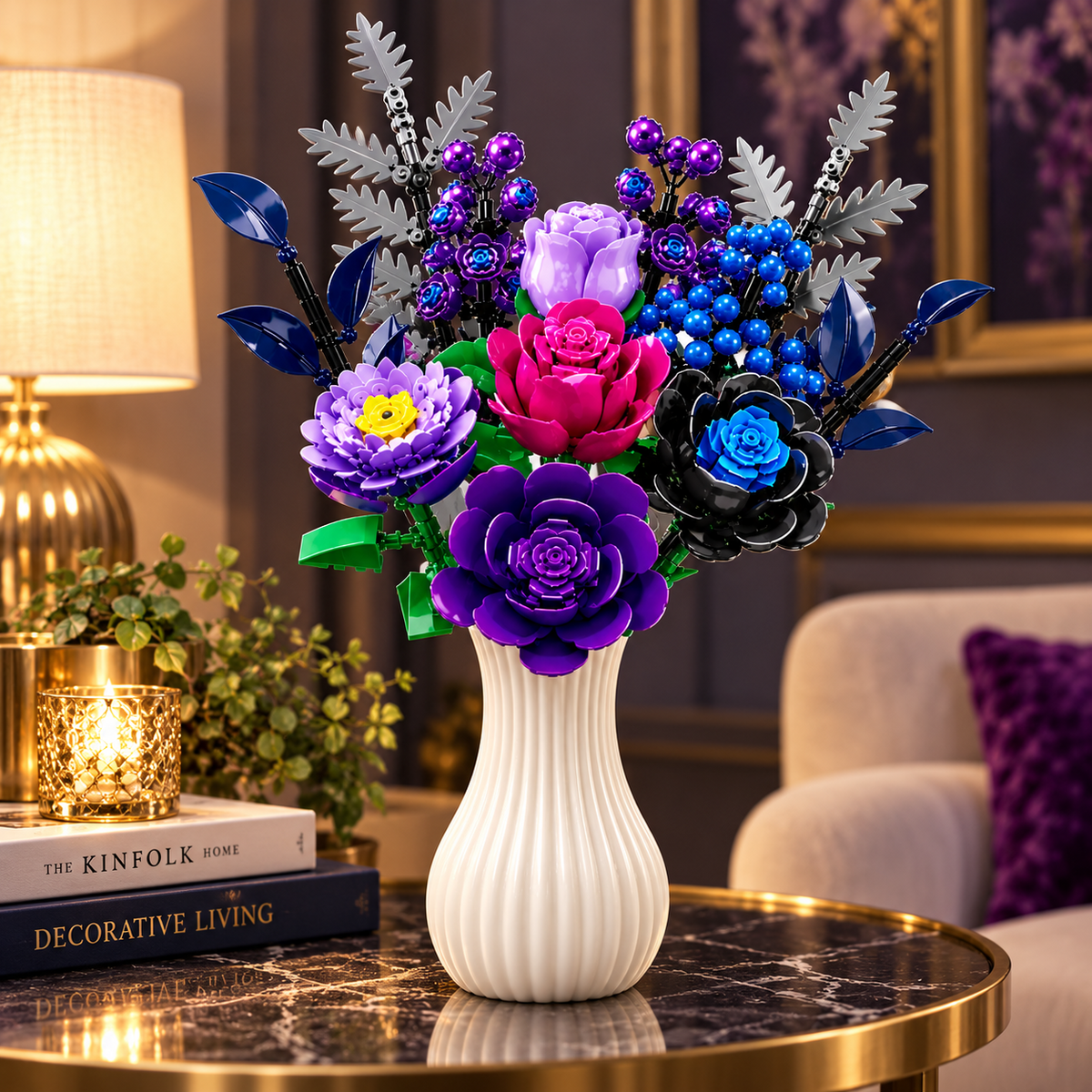 3D Purple Rose Flower Bouquet Building Blocks 759pc Botanical Construction Set