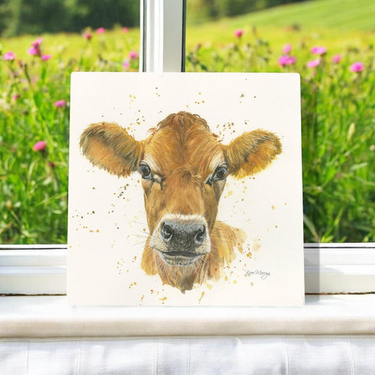 Jersey Cow Ceramic Art Tile by Bree Merryn - 20x20cm Ready to Hang - Farmhouse Rustic Wall Art Decor