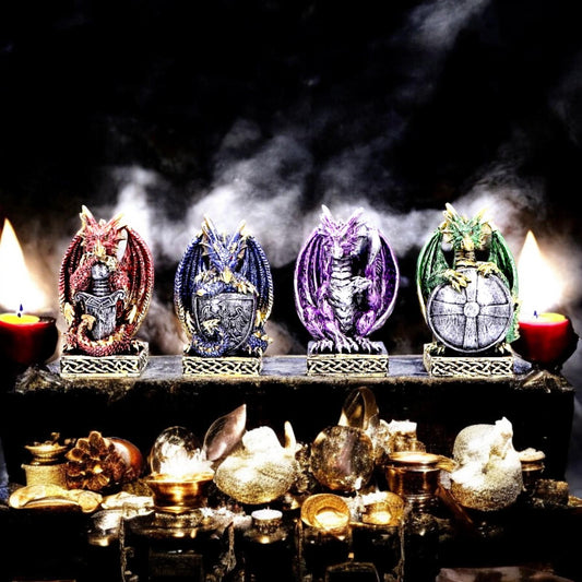 Defend the Hoard Dragon Protector Figurines Set | Gothic Resin Decor (Set of 4) 10cm