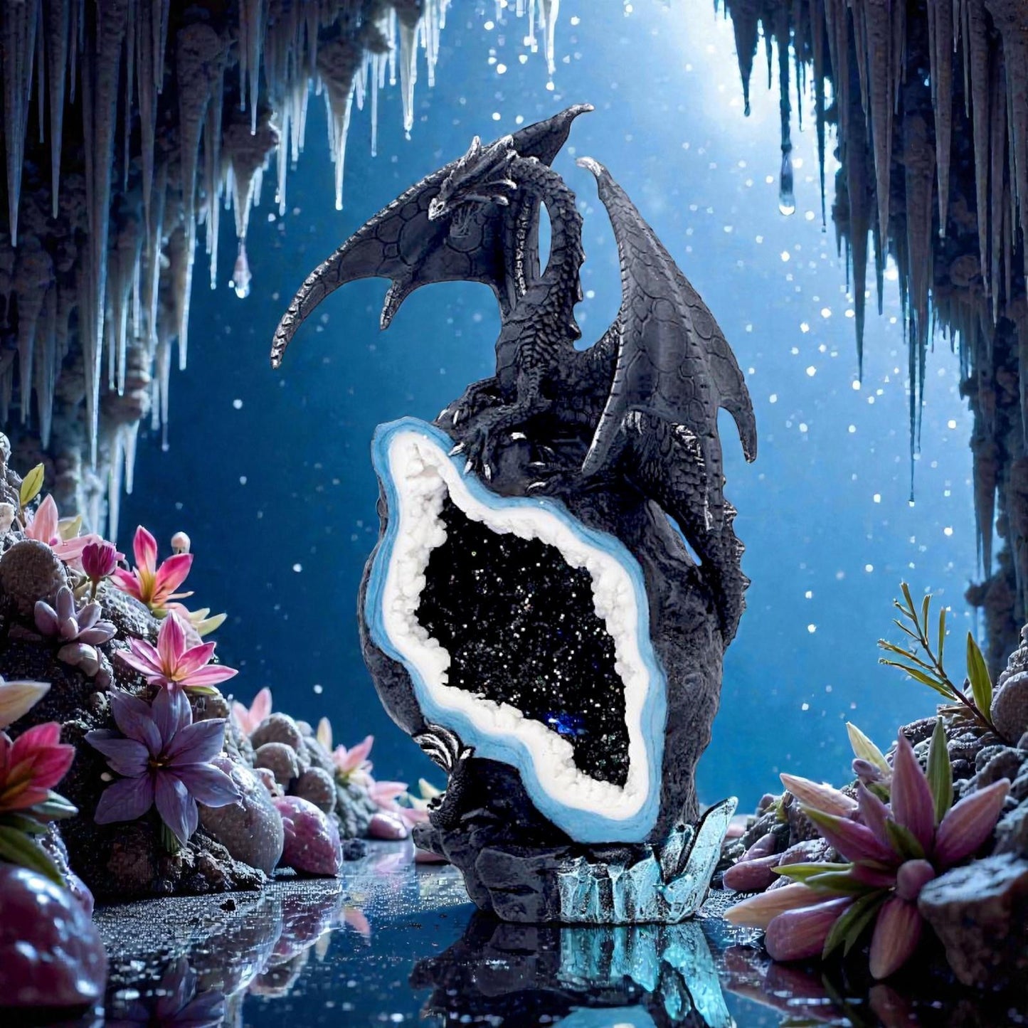 Midnight Custodian Light Up Dragon Statue LED Fantasy Geode Dragon Ornament
