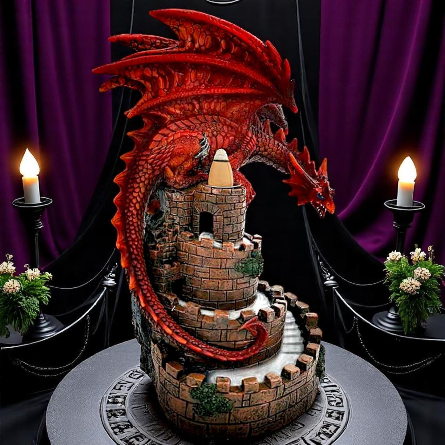 Fire Dragon Tower Burner Backflow Incense Holder Fantasy Gothic Statue Decor