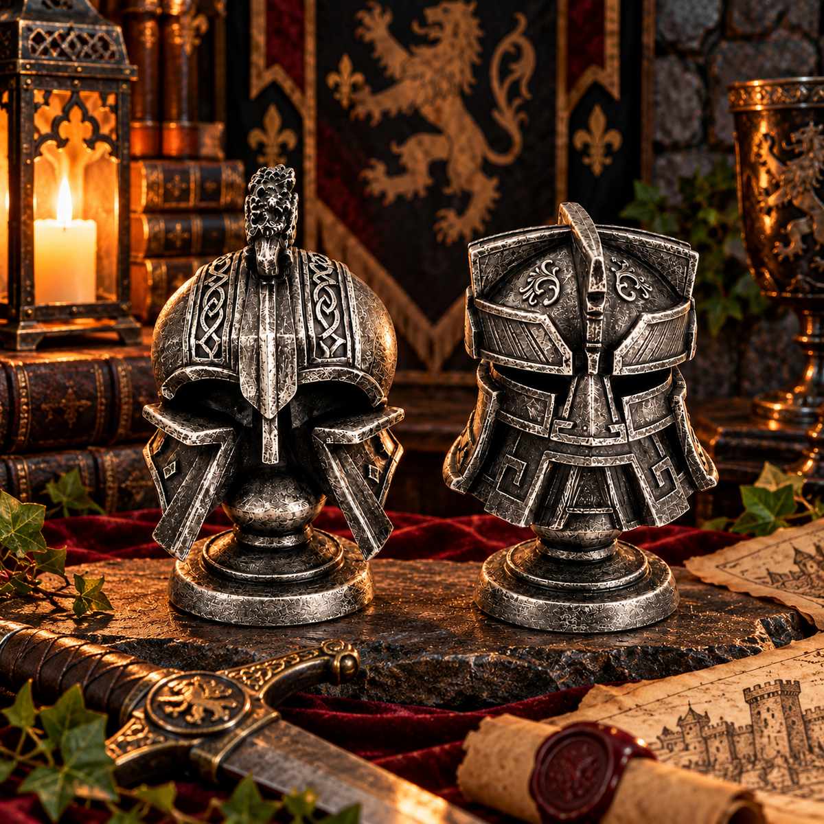 Set of 2 Medieval Knight Helmet Sculptures Silver Effect Gothic Ornaments 12.3cm