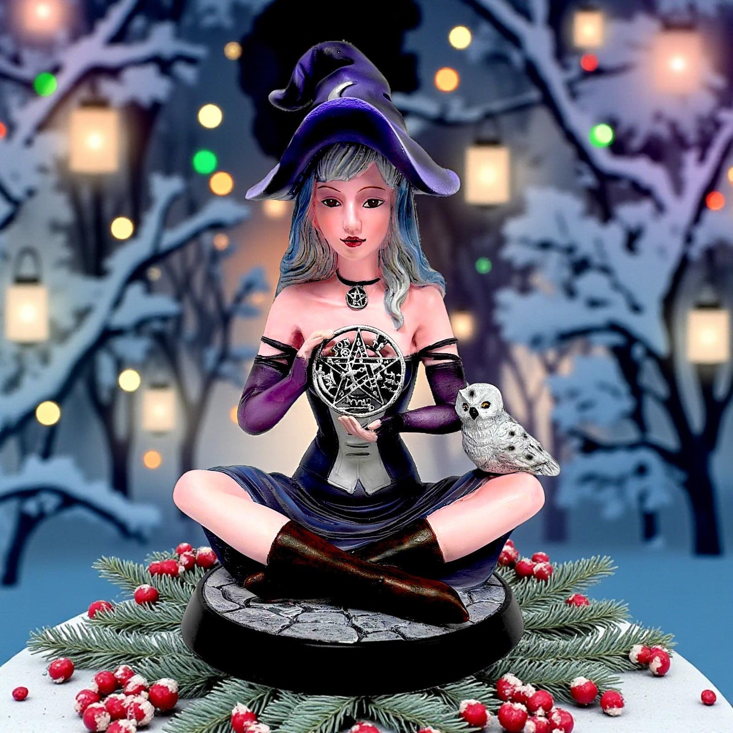 Fantasy Witch Holding Pentagram Figurine Wiccan Ornament  Statue with Owl