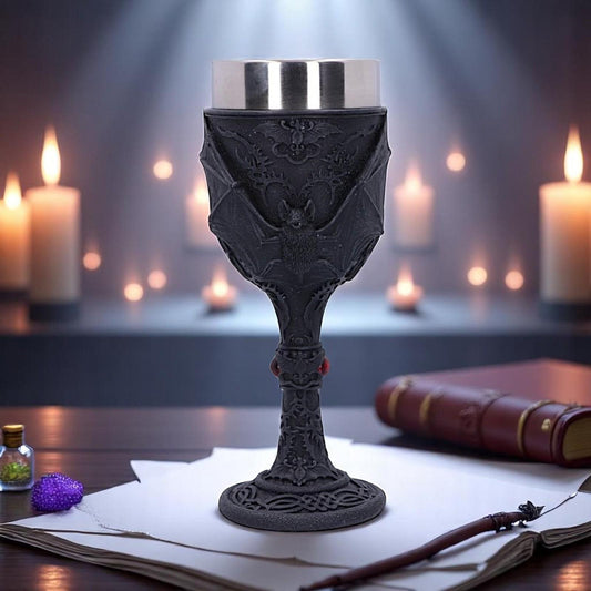 Gothic Bat Wine Goblet | Vampire Kitchen Barware | Black Resin Chalice 19.5cm