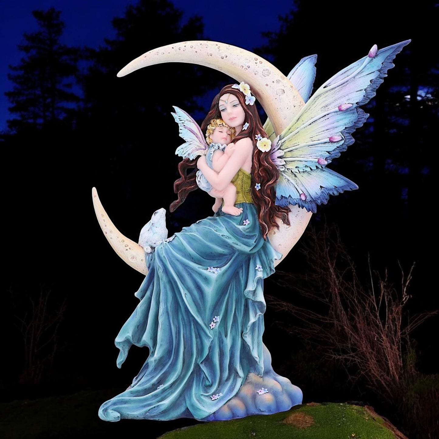 Mystical Fairy with Baby Sitting on Crescent Moon Ornament Fantasy Resin Statue