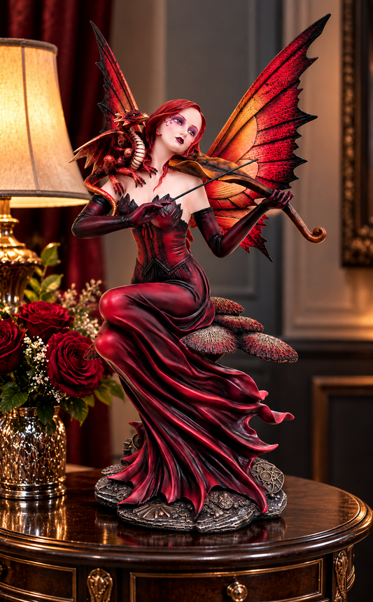 Ruby Red Fairy Dragon Figurine 55cm Gothic Fantasy Fiddle Statue Ornament