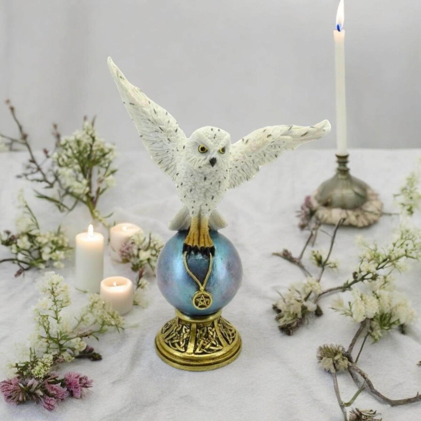 Mystical Snowy Owl on Crystal Ball Statue - Fantasy Decor - Resin Art Sculpture