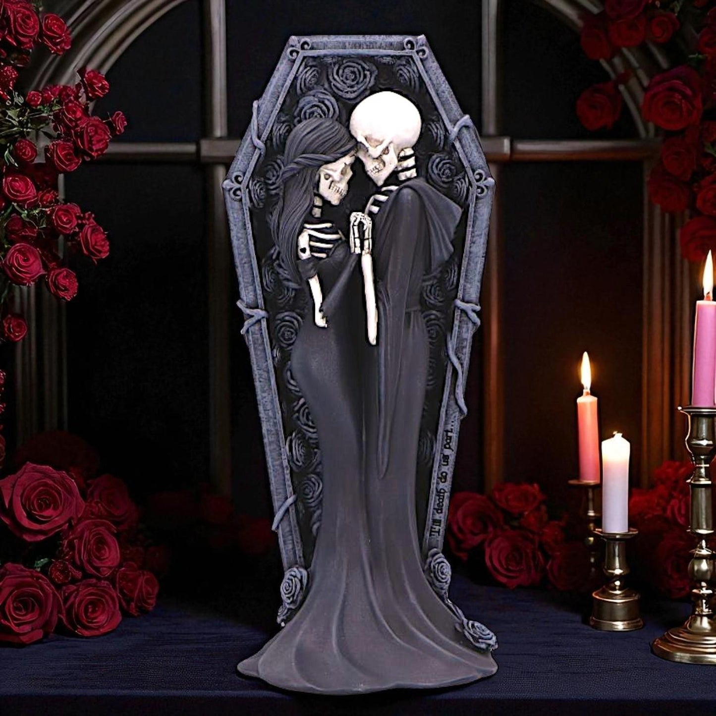 Fantasy Skeleton Couple Figurine Macabre Romantic Gothic Coffin Embrace Statue
