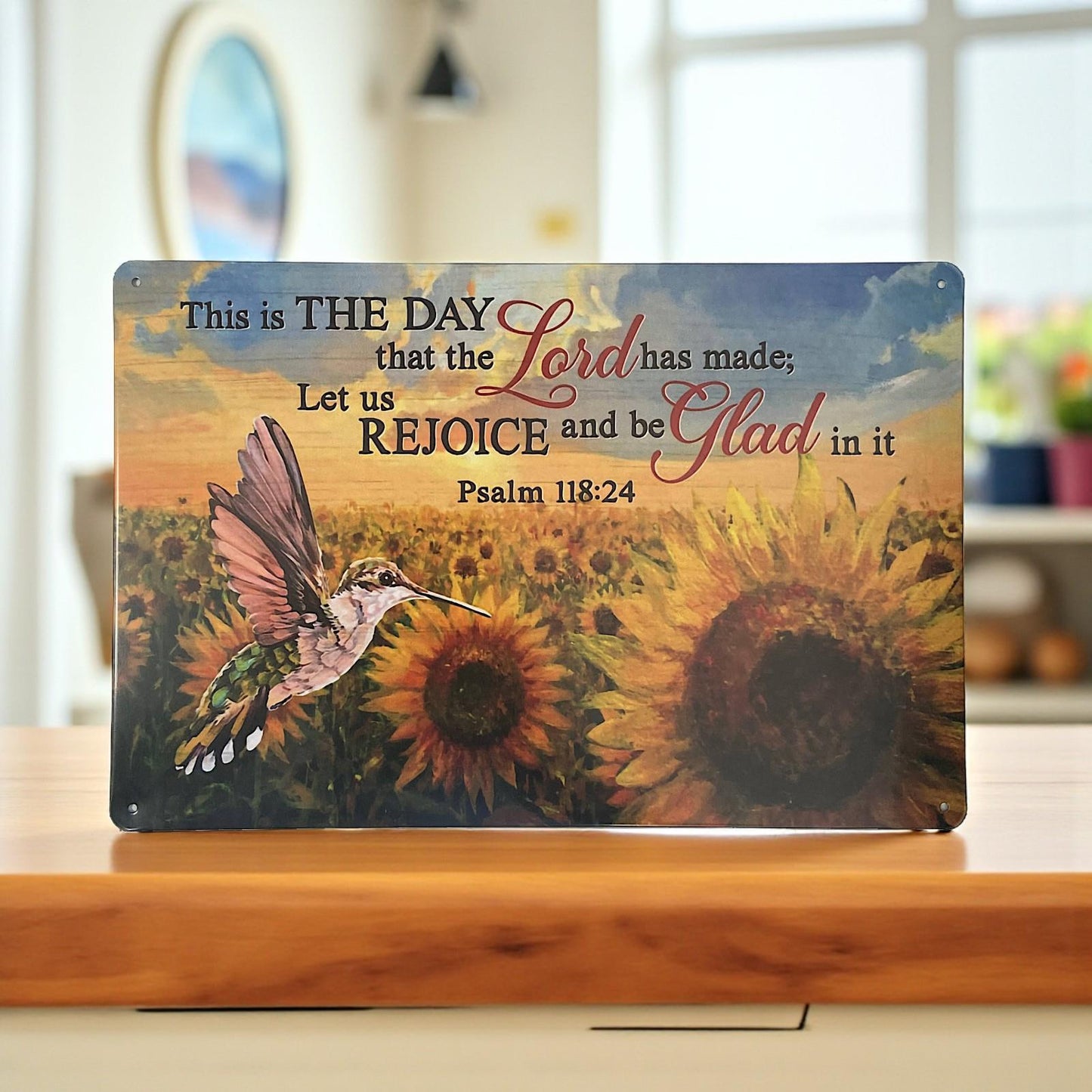 Inspirational Bible Verse Metal Sign Sunflowers Hummingbird Christian Faith Plaque