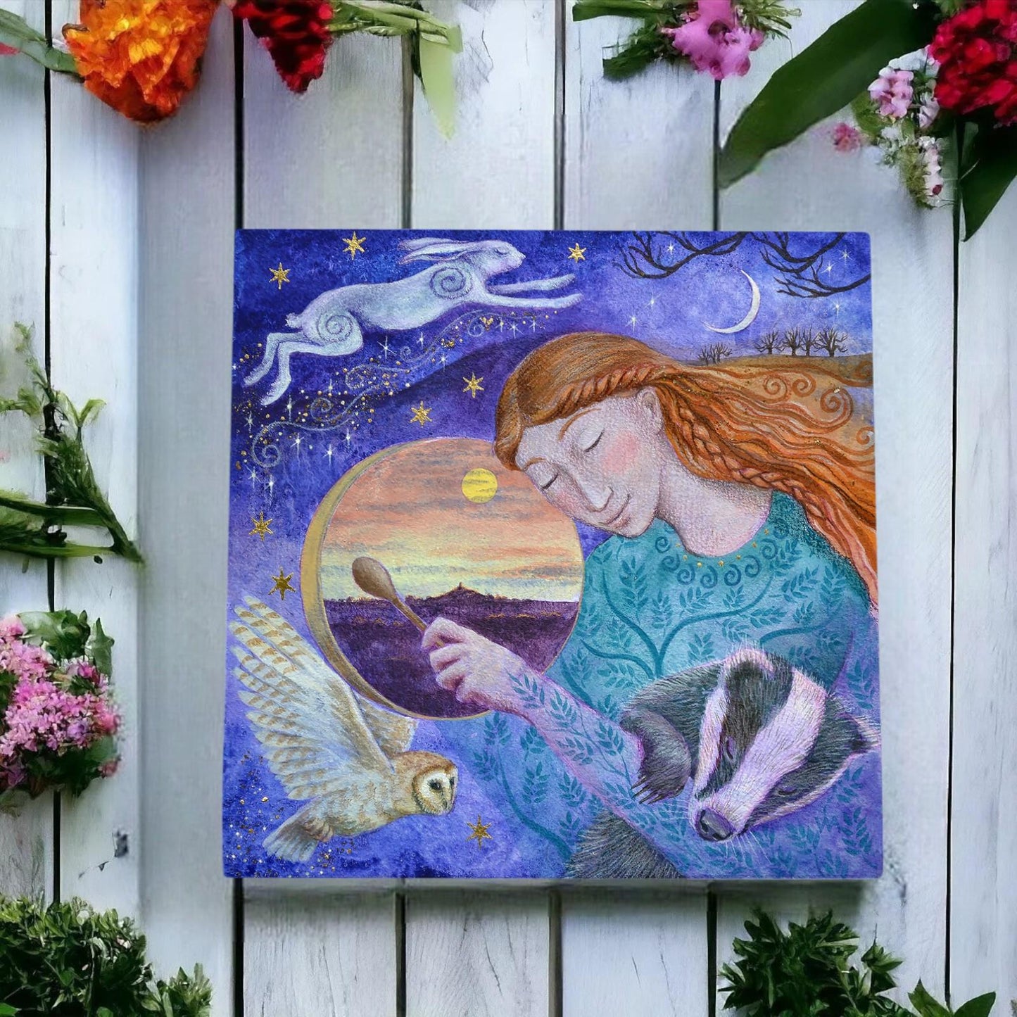 Wendy Andrew Drumming Avalon Dreams Ceramic Art Tile 20 x 20 cm Wall Decor - Dreamy Pagan Fantasy