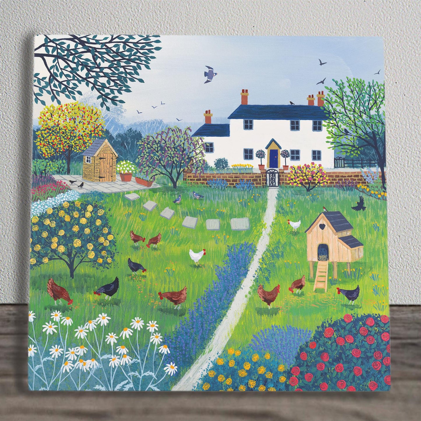 The Hen House" Ceramic Art Tile by Jo Grundy 20x20 cm | Ready to Hang | Boxed