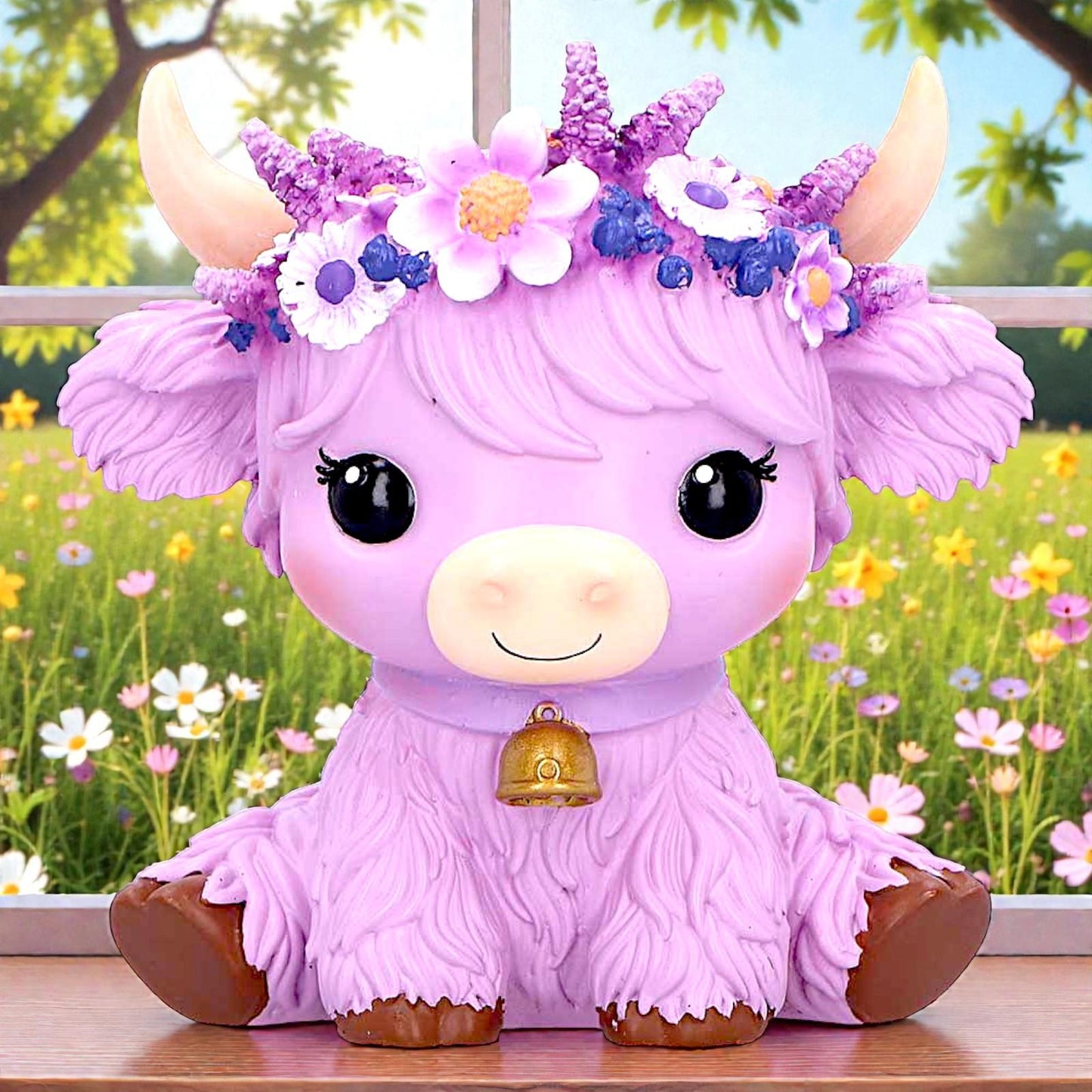 Moo Crew Hyacinth Purple Flower Cow Figurine Cute Farmhouse Ornament Decor
