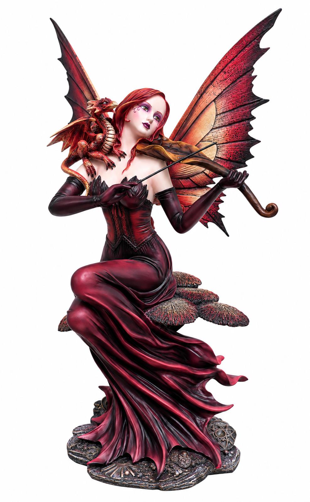 Ruby Red Fairy Dragon Figurine 55cm Gothic Fantasy Fiddle Statue Ornament