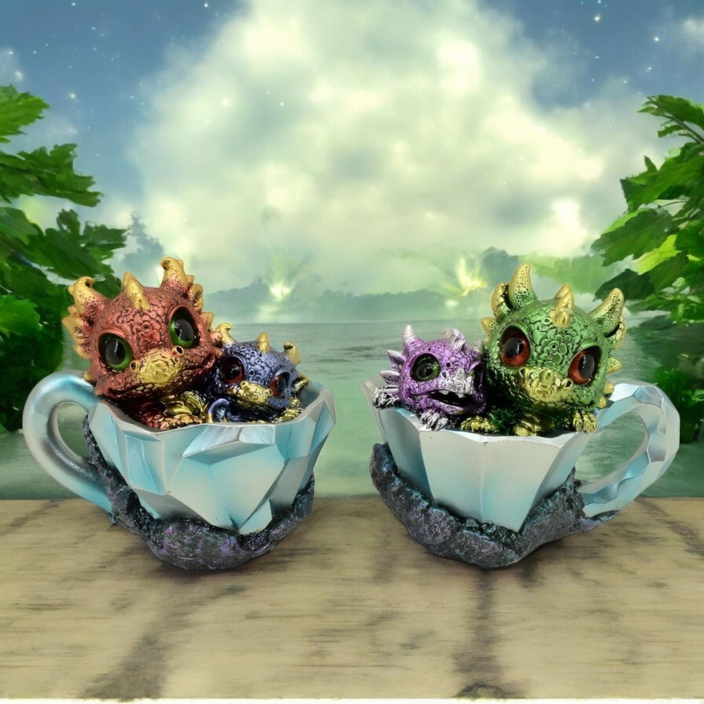 Pair of Dragon Hatchlings 11.2cm - Cute Resin Baby Dragons in Teacup Fantasy Ornaments