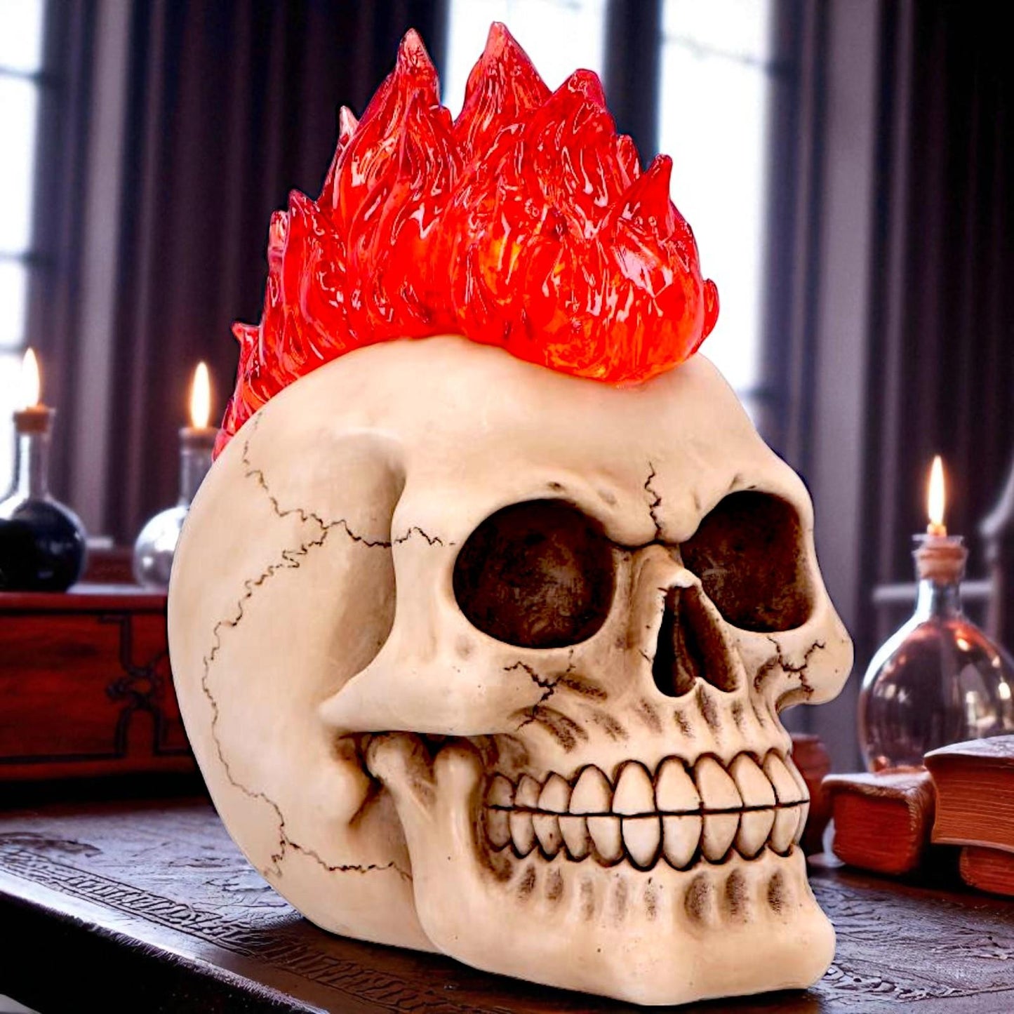 Gothic Skull with Led Flame Mohawk Sculpture Horror Creepy Halloween Figurine