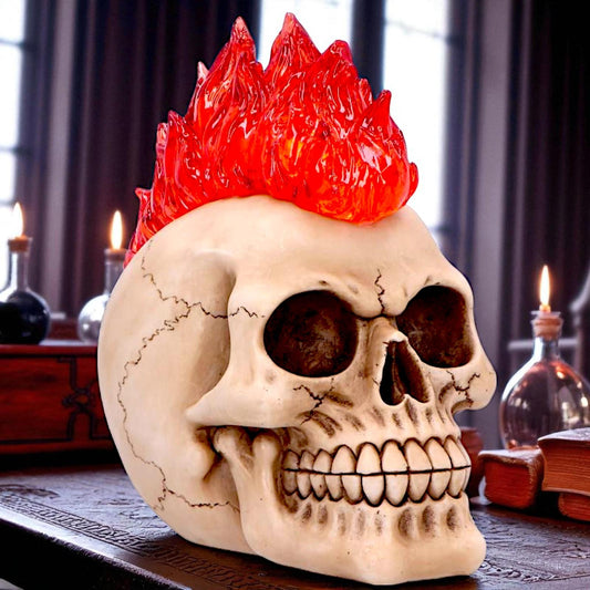 Gothic Skull with Led Flame Mohawk Sculpture Horror Creepy Halloween Figurine