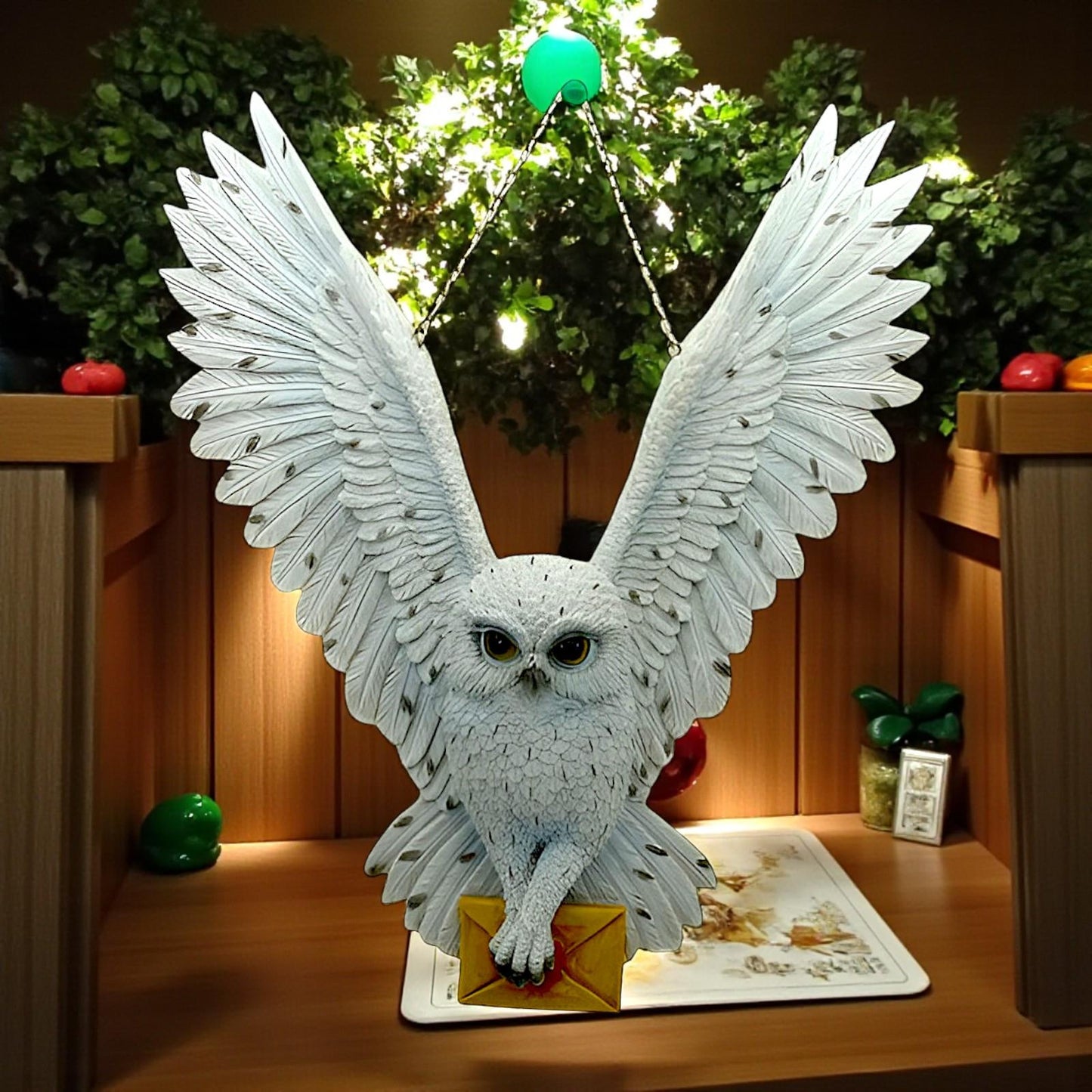 Majestic Hanging Owl Figurine with Letter Wildlife Bird Ornament Sculpture Decor