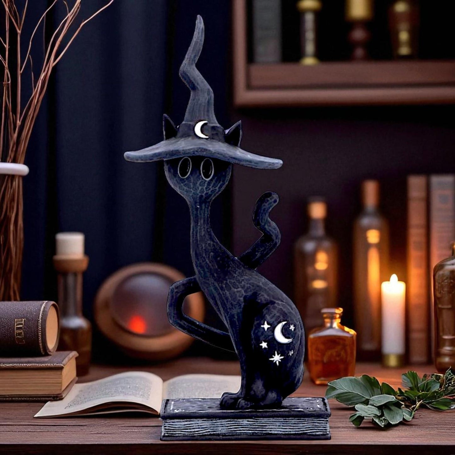 Gothic Witch Cat Ornament Crescent Moon & Star Decor Spooky Wiccan Figurine