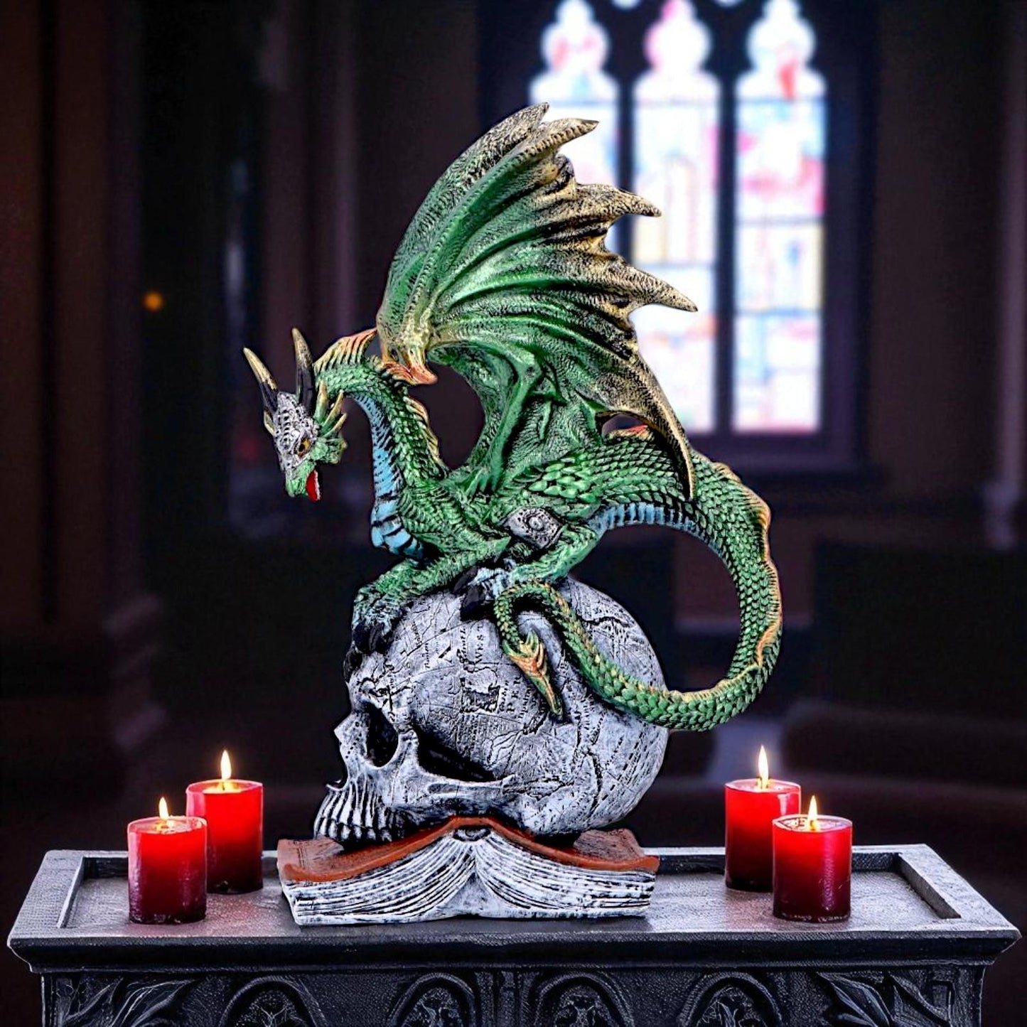 Gothic Dragon on Skull & Spell book Figurine Mythical Fantasy Ornament Art Decor