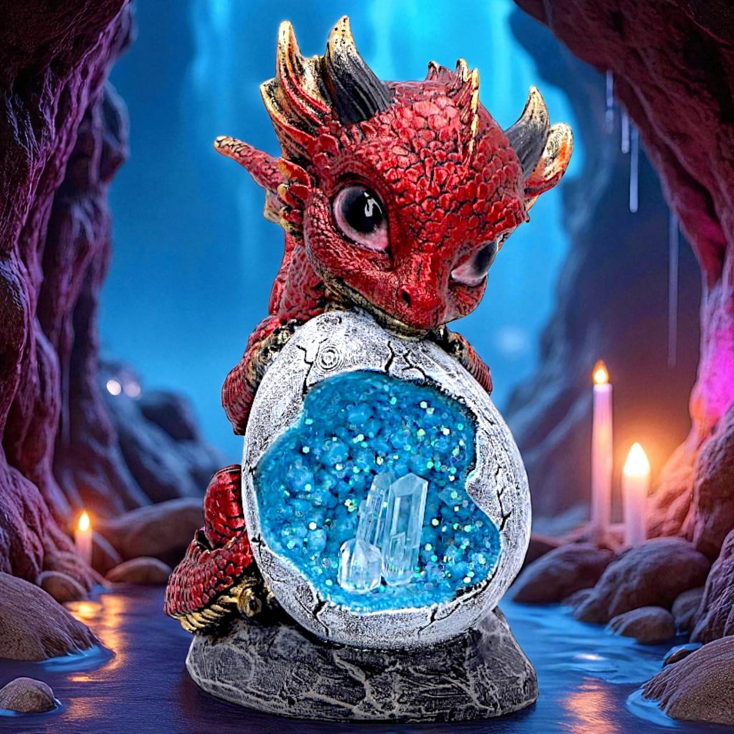 Fantasy Red Baby Dragon and Crystal Egg Figurine Mythical Creature Sculpture