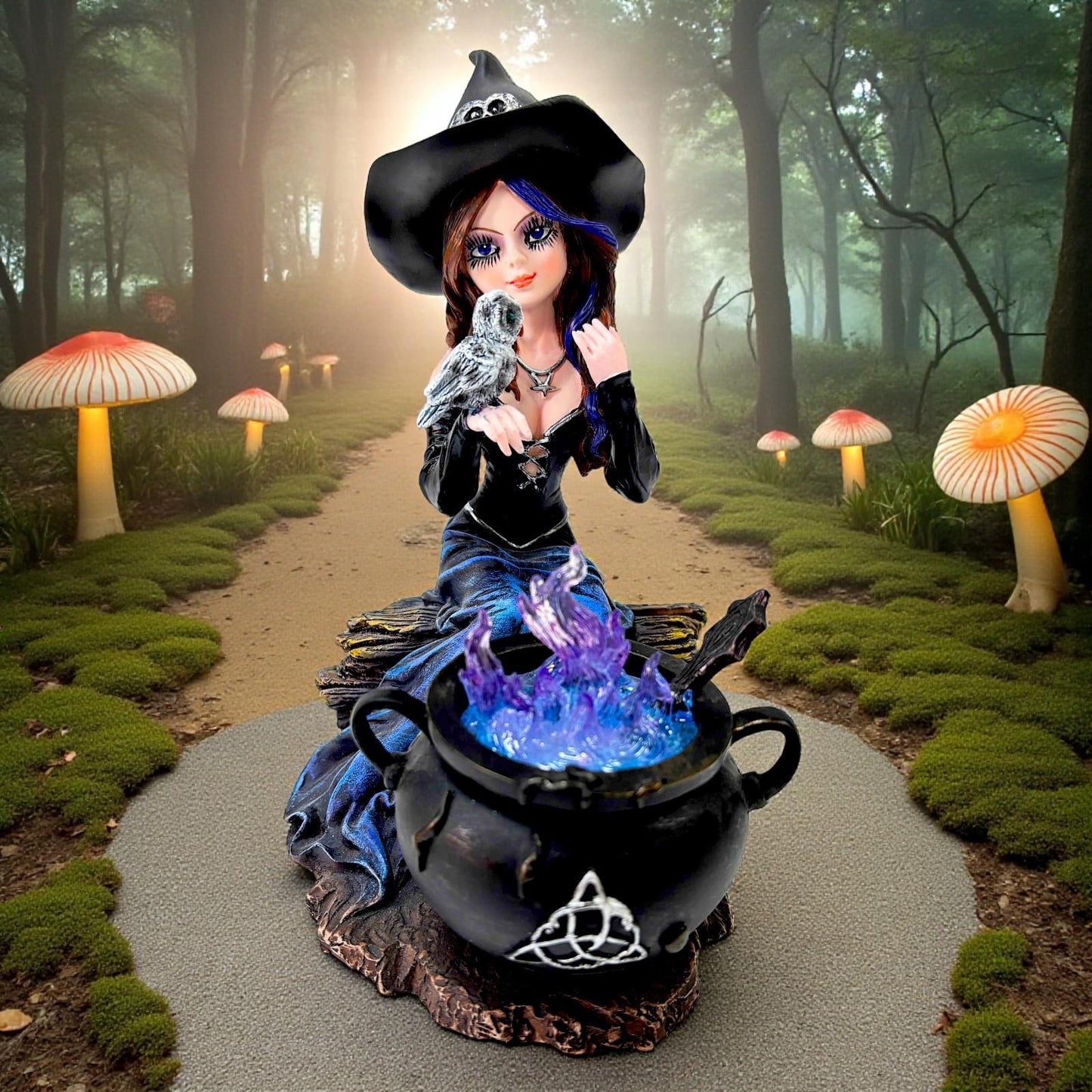 Fantasy Witch with Owl and Cauldron Figurine Cute Gothic Wiccan Ornament Gift