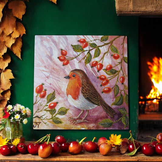 ROSE HIP ROBIN Ceramic Art Tile by Judith Yates - 20x20 cm - Ready to Hang - Collectible Home Decor