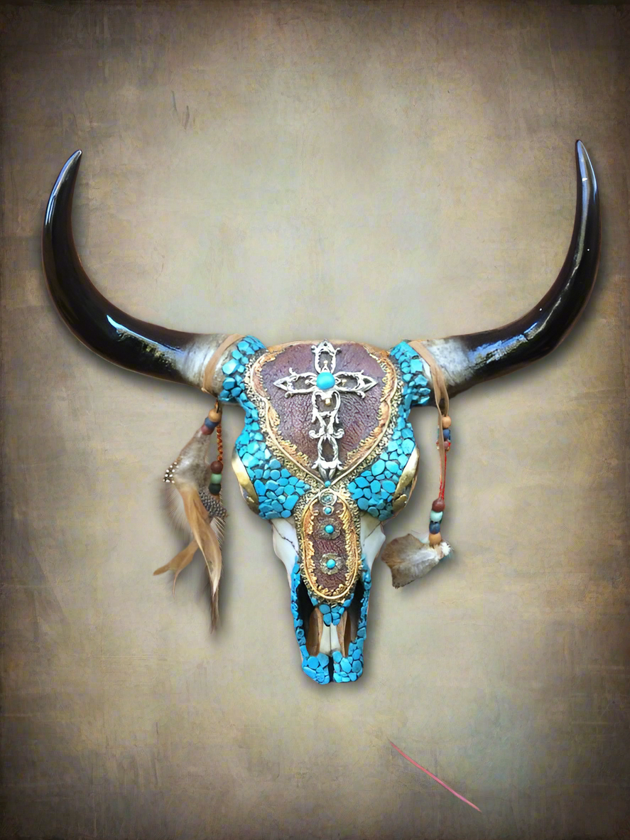 Large Native American Style Bison Skull Large Horns Ornament Wall Plaque Cow Bull Sculpture Art