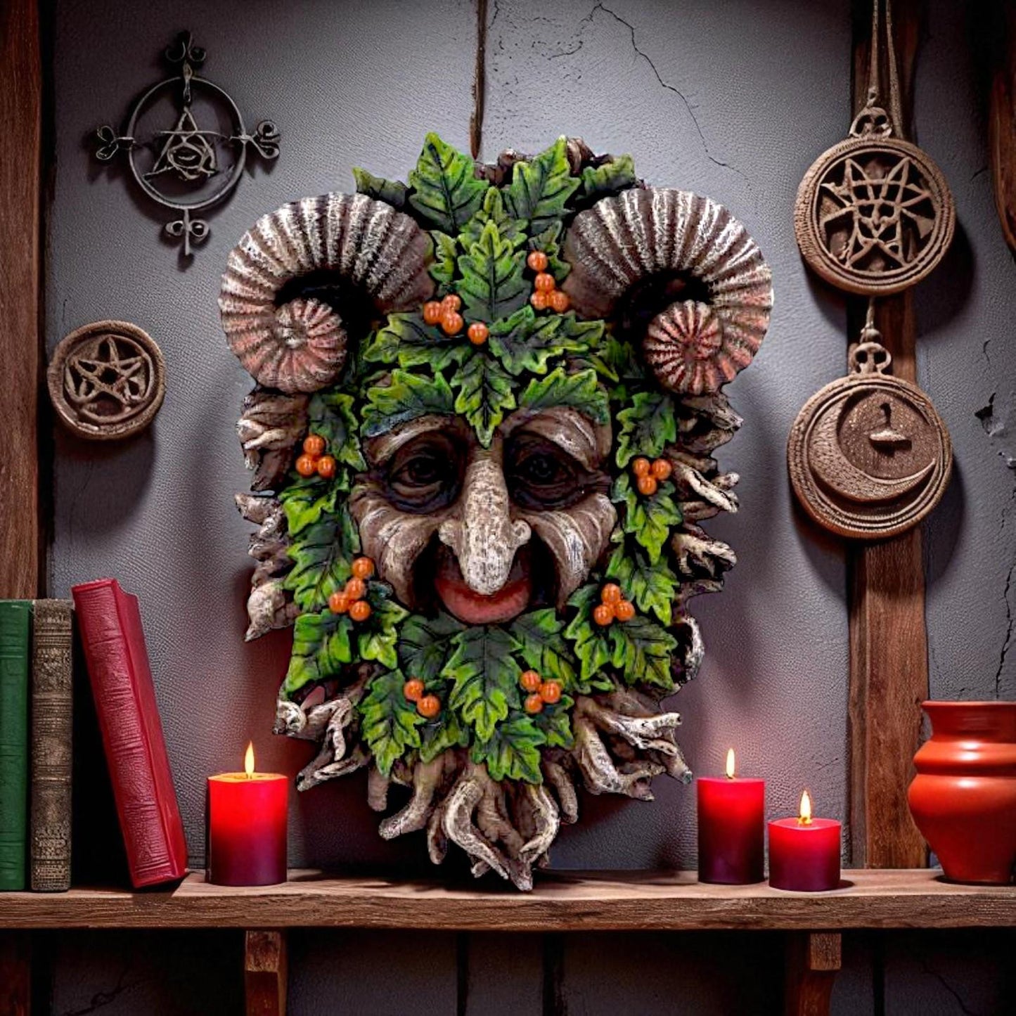 Pagan Horned Forest Guardian Sculpture Green Man Wall Plaque Wiccan Decor
