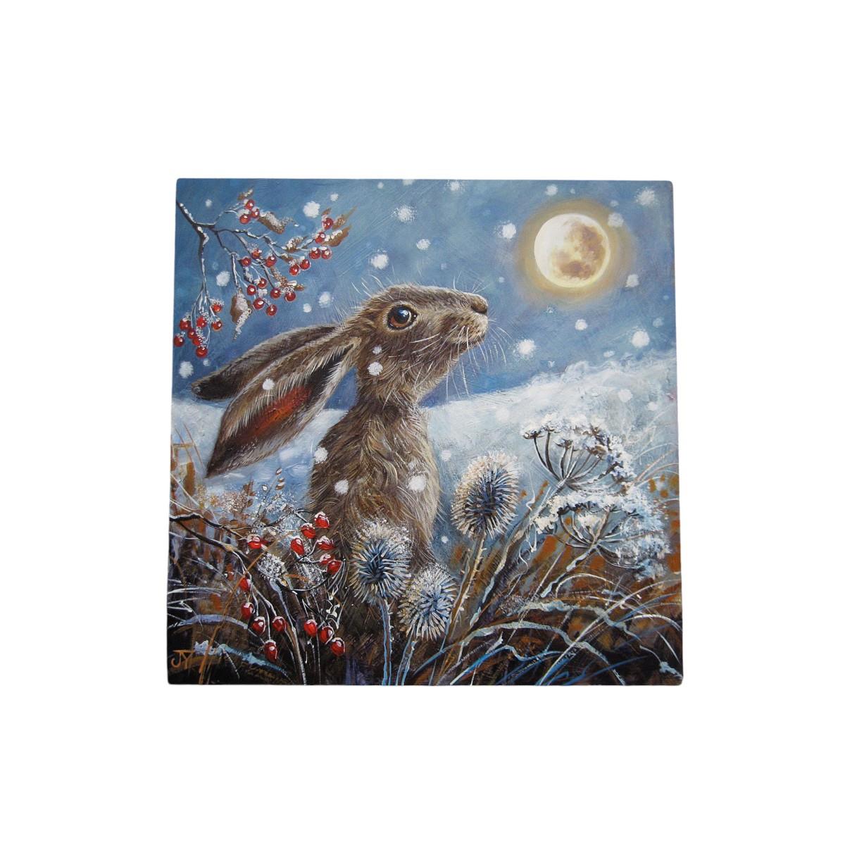 ICE MOON HARE Ceramic Art Tile by Judith Yates 20x20 cm – Nature Wall Décor, Winter Scene, Ready to Hang