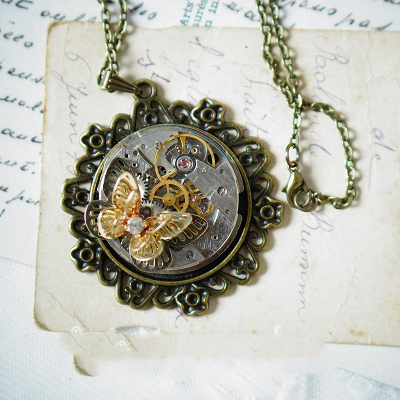 Vintage Steampunk Butterfly Pendant Necklace Gift