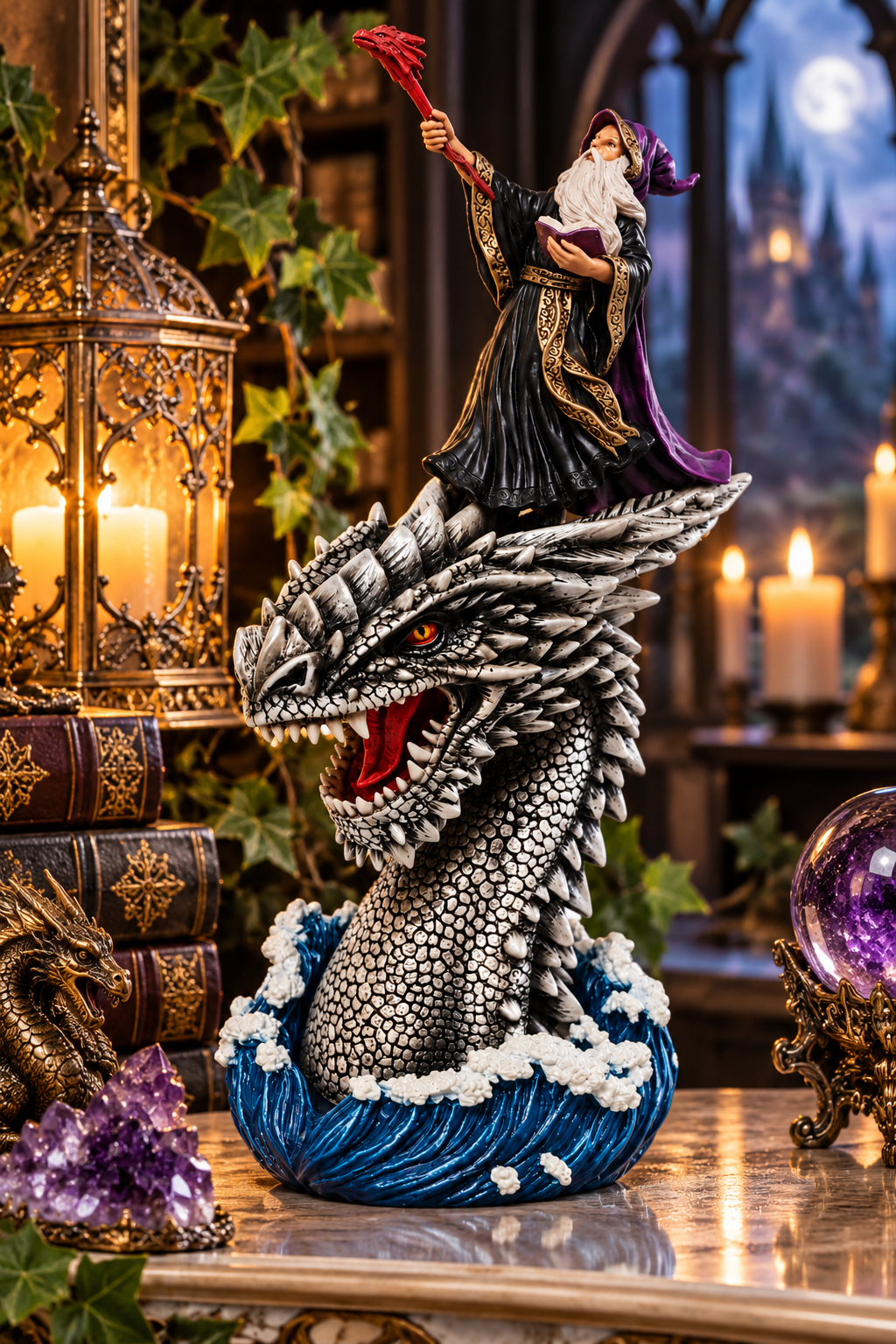 Wizard & Dragon Head Figurine Sorcerer Fantasy Gothic Statue Ornament 24.5cm