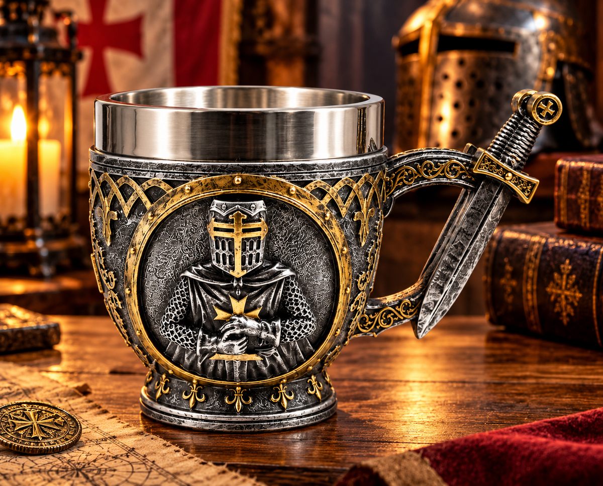 Medieval Crusader Knight Drinking Tankard Gothic Silver Gold Mug Home Bar Decor