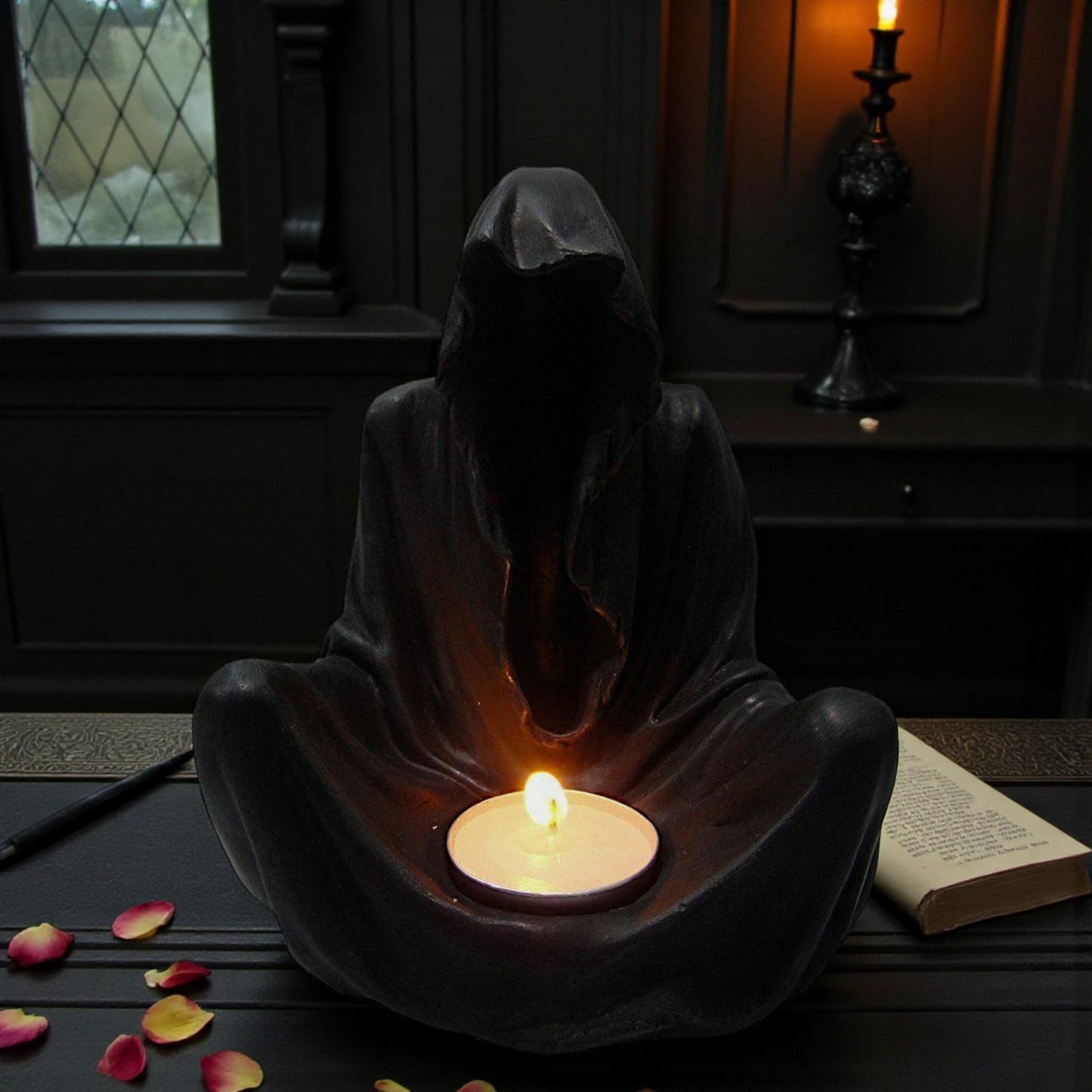 Gothic Black Grim Reaper Final Flame Figurine Sitting Candle Holder Statue