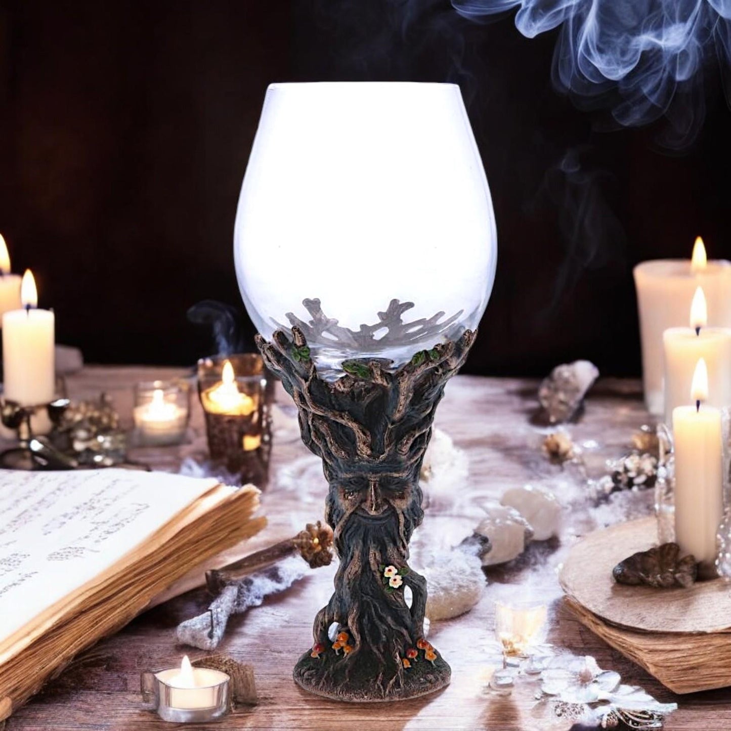 Spirit of the Forest Goblet Ancient Green Man Chalice Pagan Glass Wiccan Decor
