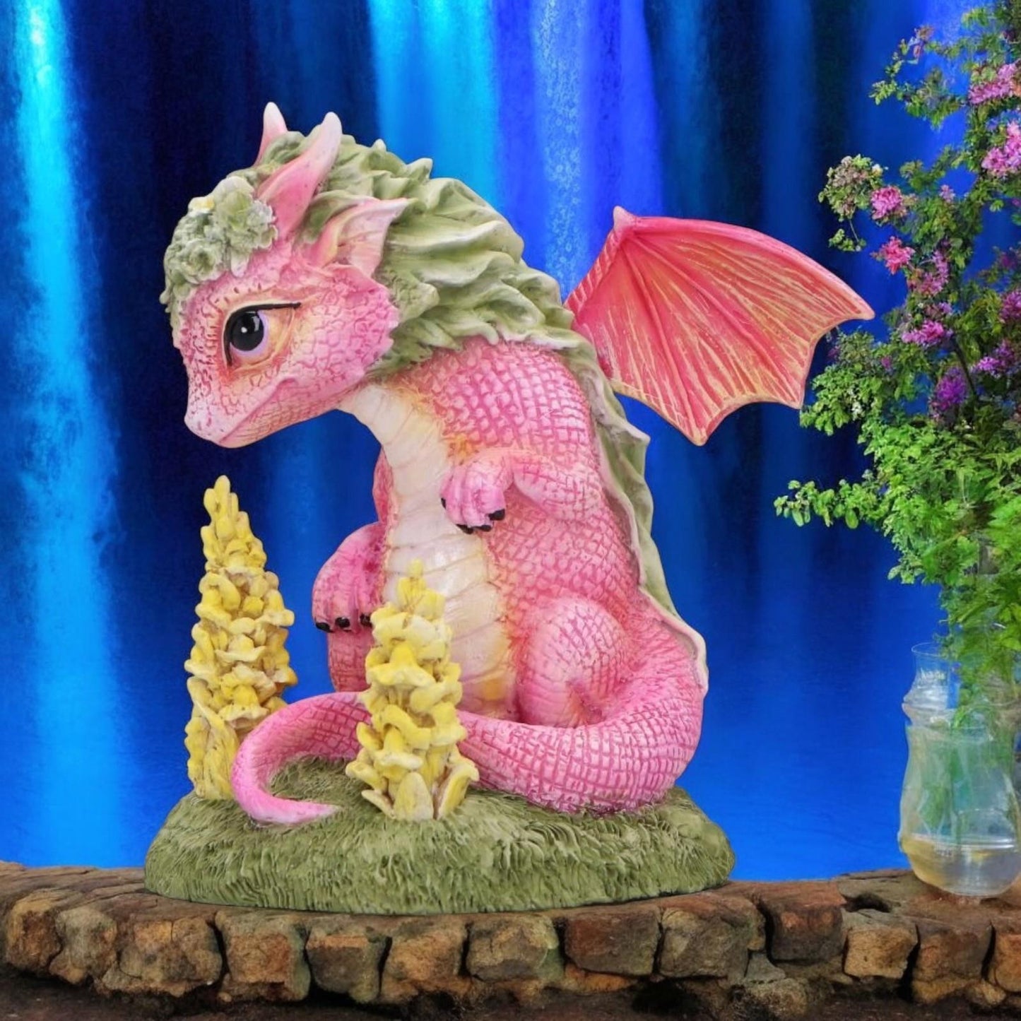 Adorable Pink Dragon Figurine Collectable Statue Floral Accents Ornament