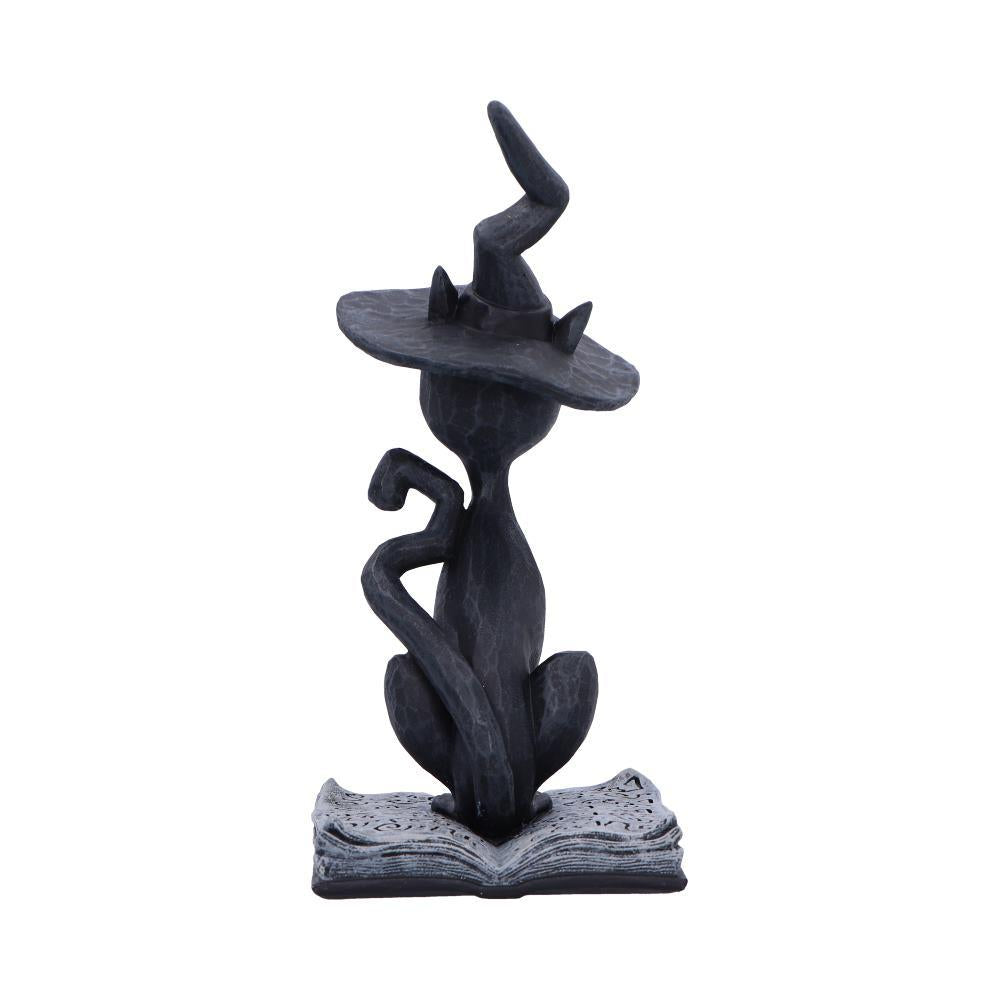 Mystical Gothic Black Cat Figurine on Open Spell Book Wiccan Altar Decor