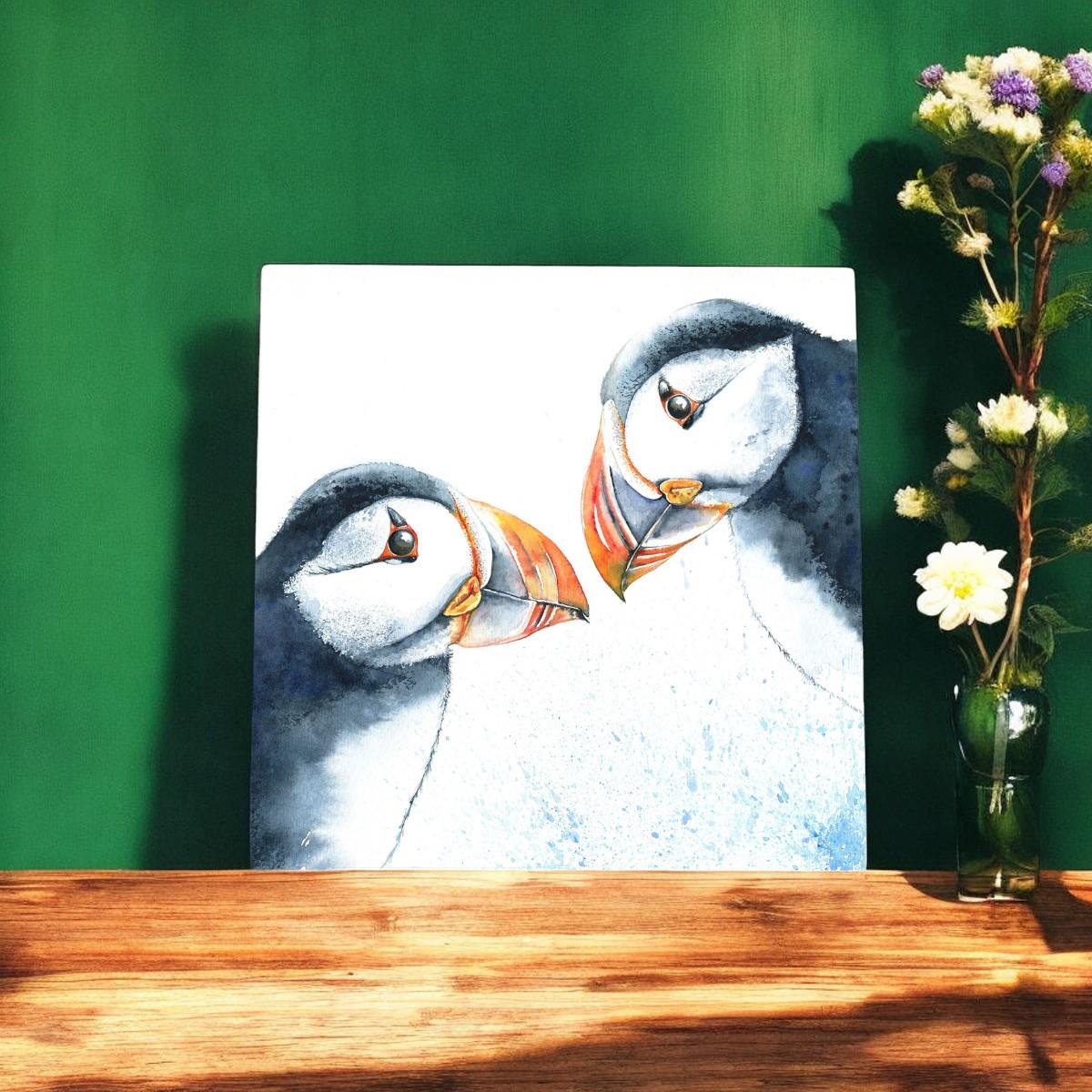 Puffins Ceramic Art Tile by Val Goldfinch 20x20 cm | Wall Art Decor | Ready to Hang | Unique Gift in Box