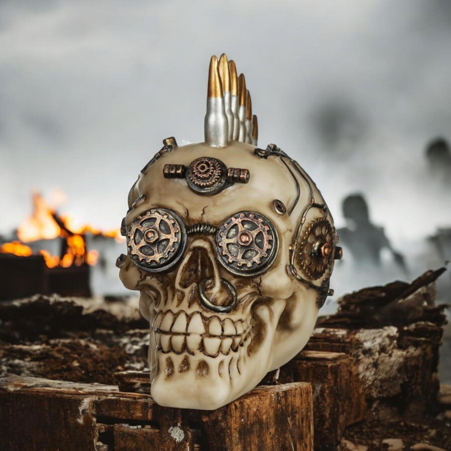 Steampunk Skull Ornament with Bullet Mohawk Gothic Fantasy Figurine Statue Decor