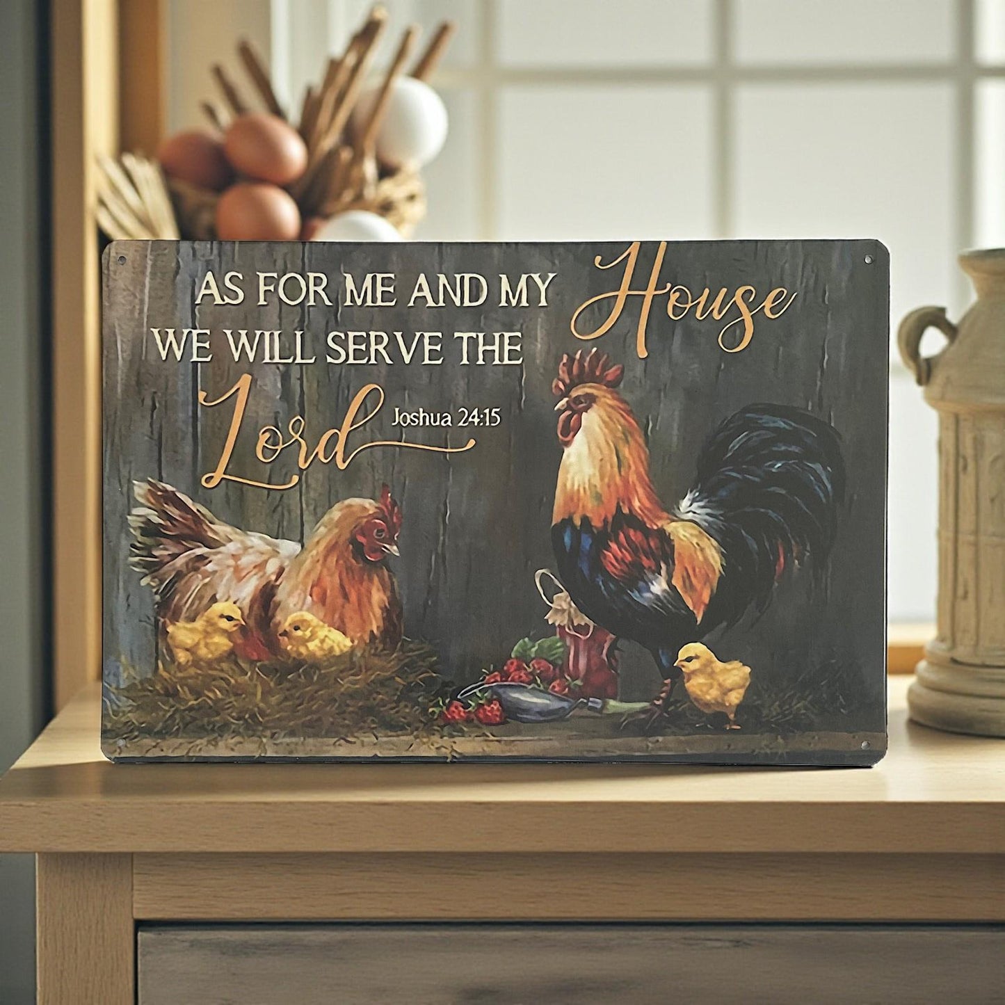 Religious Rustic Metal Sign “As For Me And My House” Farm Rooster Plaque Decor