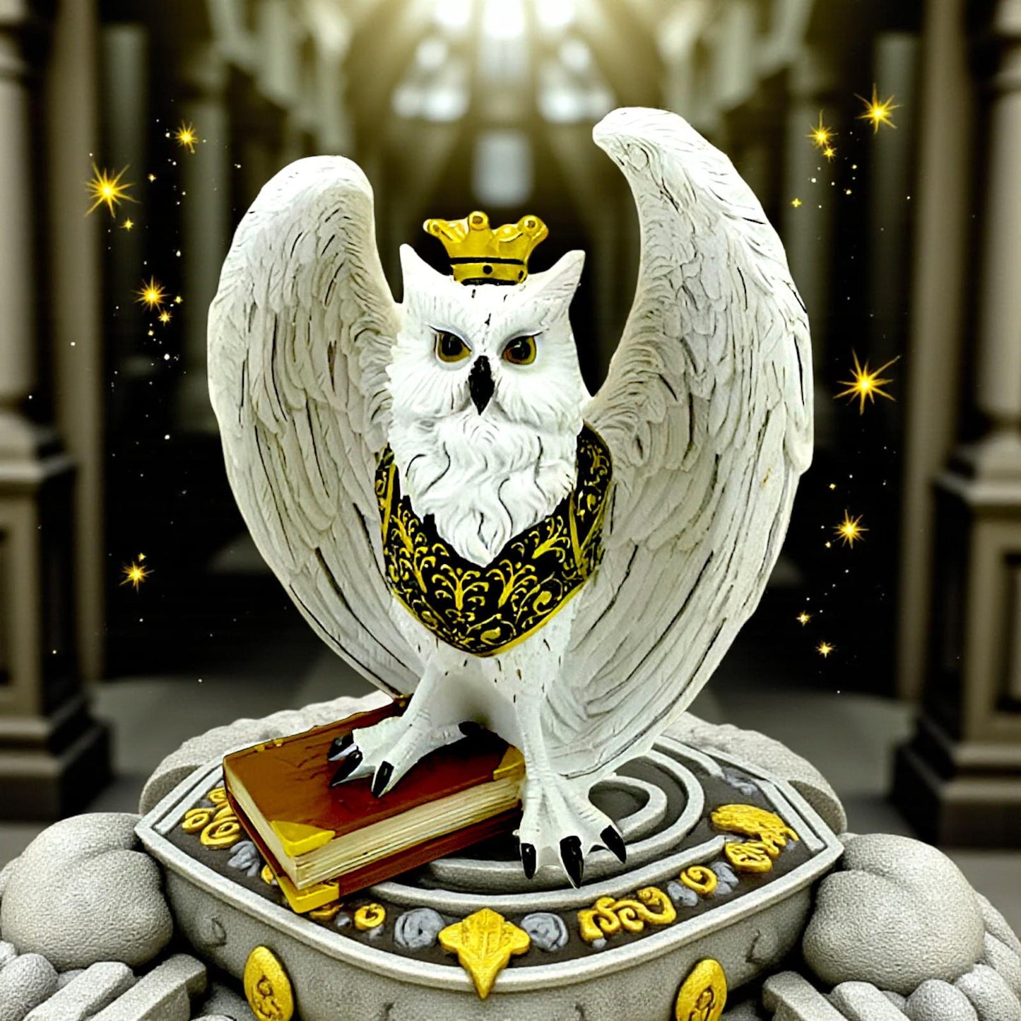 Majestic Owl with Crown Figurine Gothic Fantasy Sculpture Spell Book Ornament