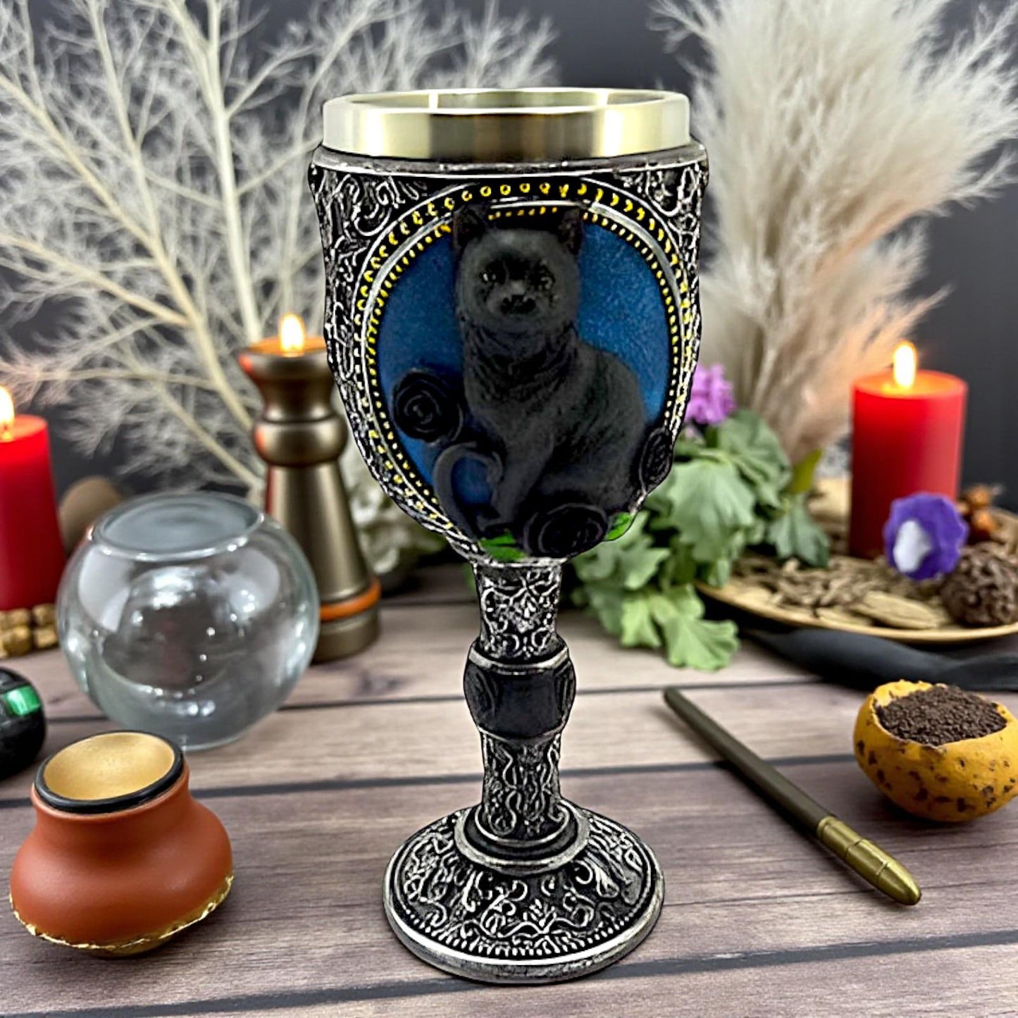 Gothic Black Cat Drinking Goblet Wiccan Chalice Resin Wine Cup Witchcraft Decor