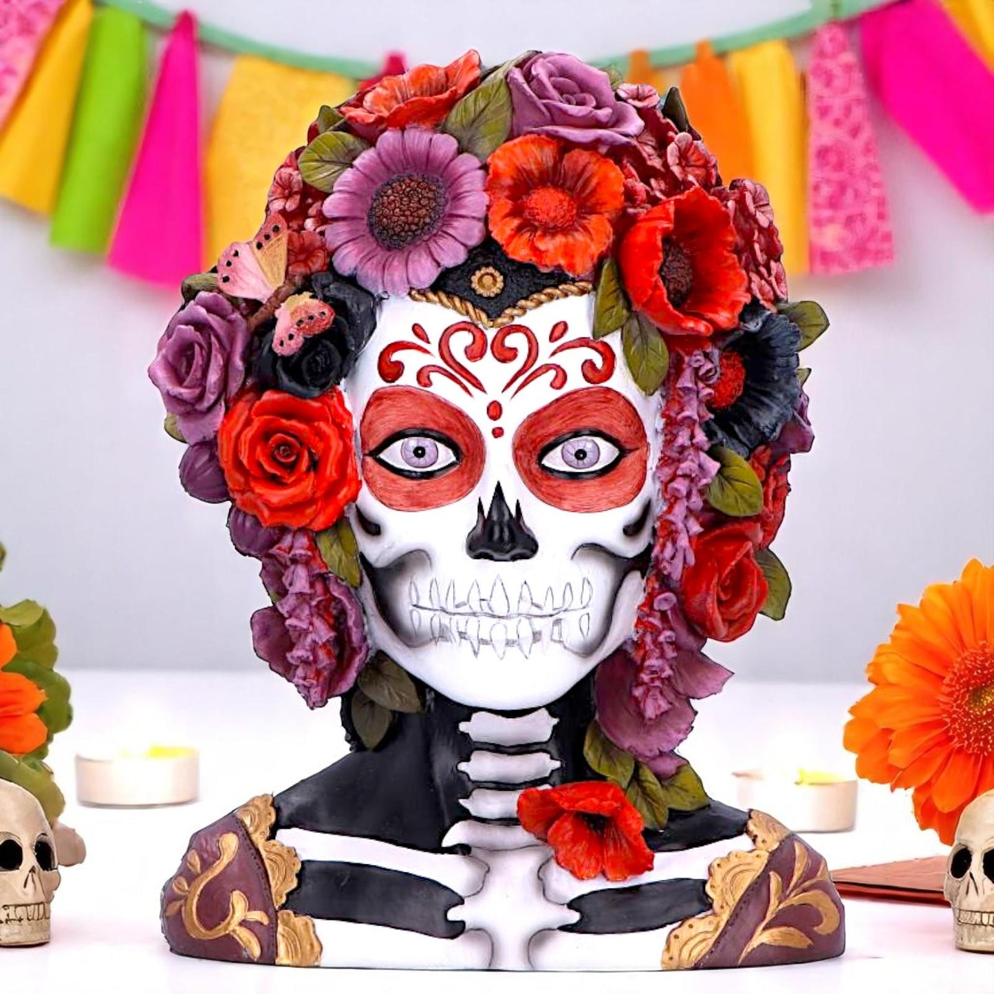 Gothic Festival Skeleton Bust Day of the Dead Sugar Skull Figurine with Flower Crown